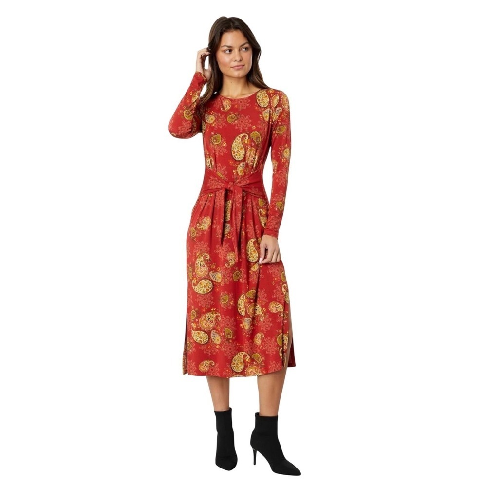 Johnny Was Janie Rust Paisley Print Dress Large NWOT Long Sleeve Tie Front